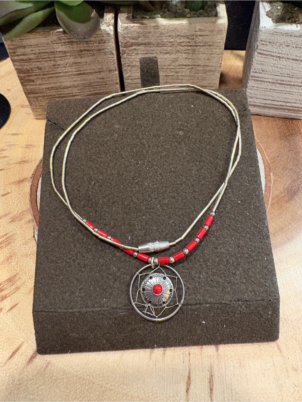 Vintage Silver-Tone Dreamcatcher Pendant Necklace with Red Accents